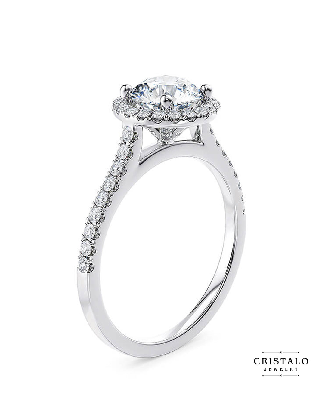 Aphrodite halo engagement ring with an oval-cut diamond in 18k white gold.