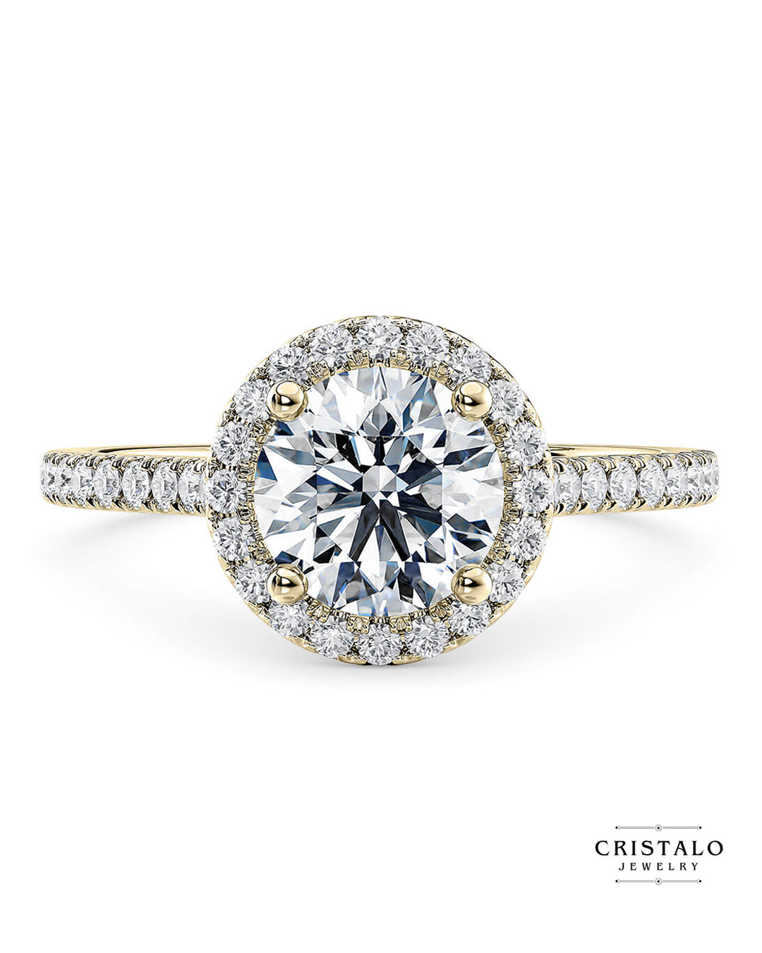 The Aphrodite halo engagement ring with a round-cut diamond in 18k yellow gold. The ring features a Castle setting with a total diamond weight of approx. 0.31ct.