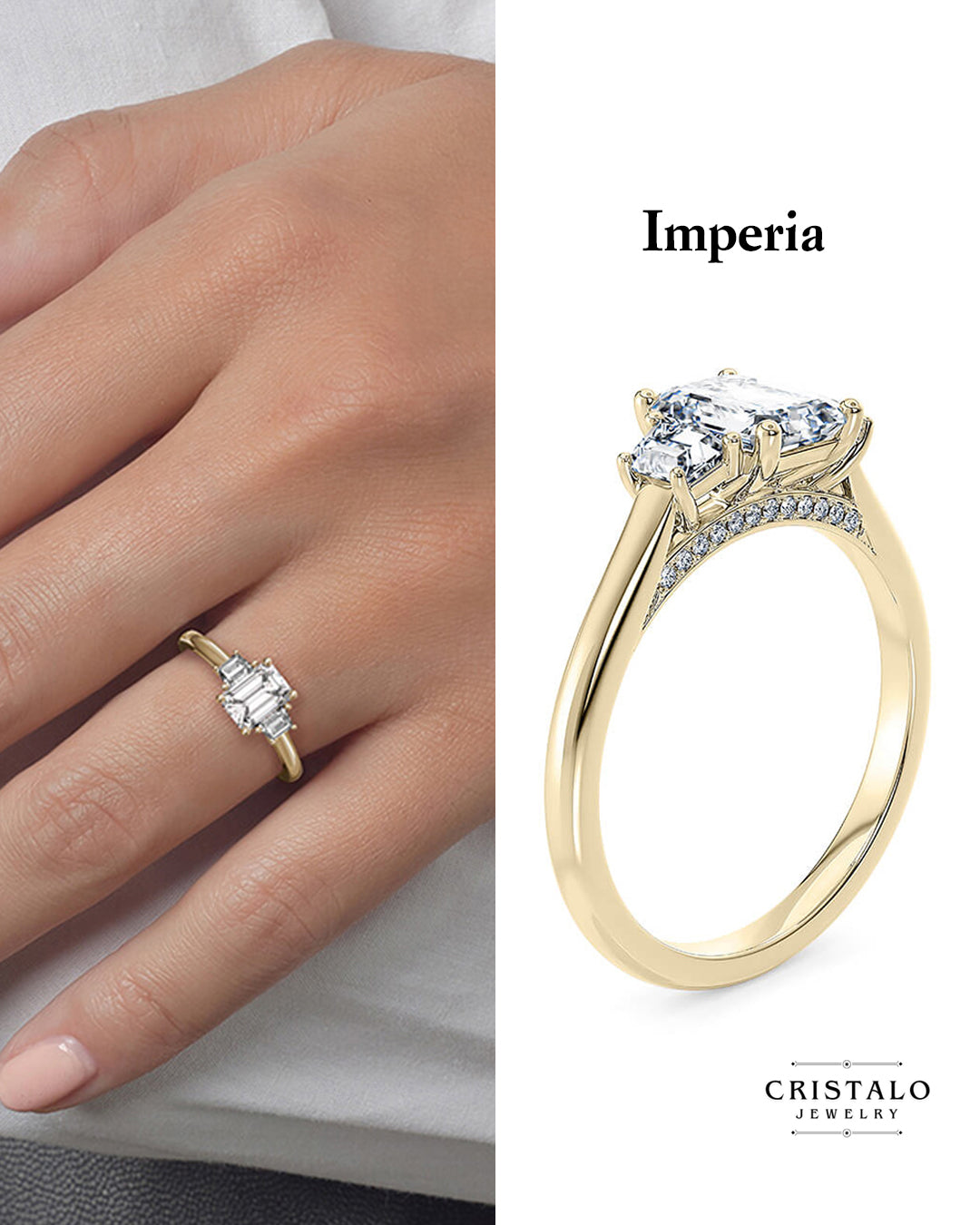 Imperia Trilogy emerald-cut diamond ring in 18k yellow gold. Trilogy engagement ring with a total weight of 0.43ct.