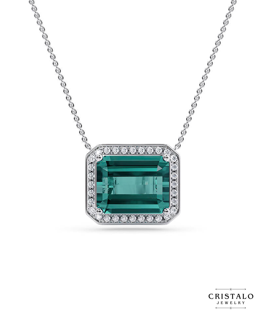Kaleida Octagon necklace in 18k white gold with teal tourmaline and diamond halo.