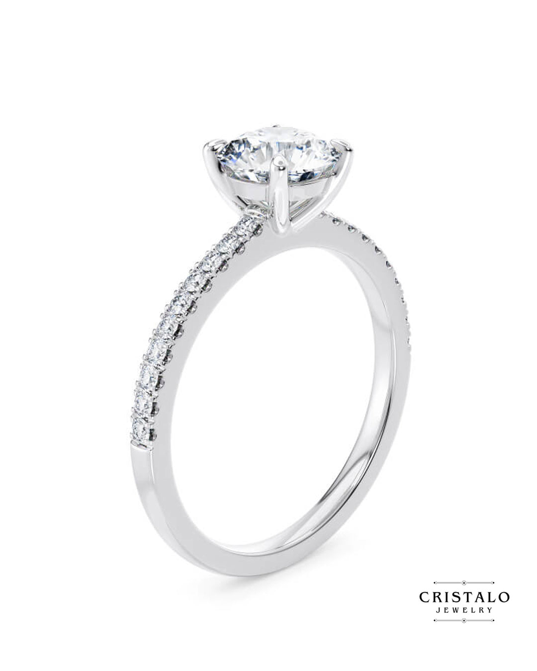 Diamond band engagement ring with a Castle setting in 18k white gold. The ring features 4 claws and is WedFit.