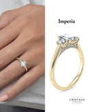 Imperia Trilogy emerald-cut diamond ring in 18k yellow gold. Trilogy engagement ring with a total weight of 0.43ct.