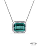 Kaleida Octagon necklace in 18k white gold with teal tourmaline and diamond halo.