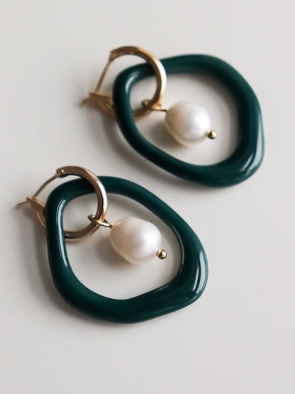 Earrings for HER - Arp pearl and porcelain hoops - dark green