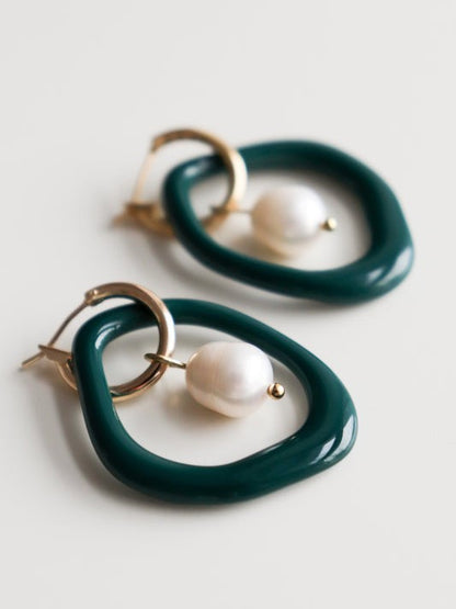 Earrings for HER - Arp pearl and porcelain hoops - dark green