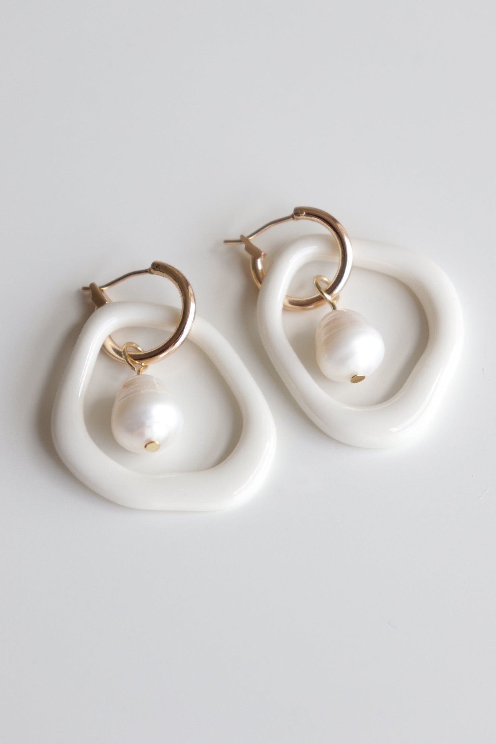 Earrings for HER - pearl and porcelain hoops white