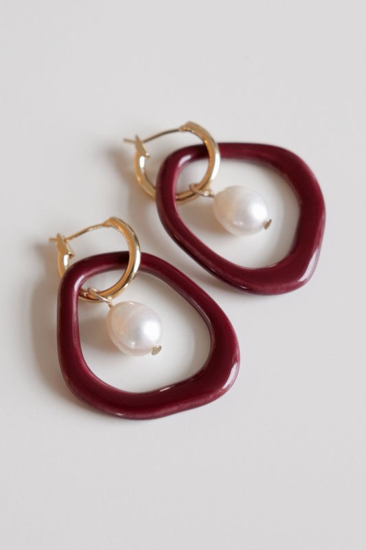 Earrings for HER - Arp pearl and porcelain hoops - Burgundy